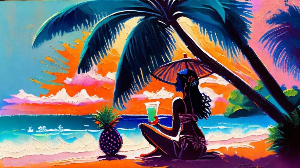 A woman relaxes under a palm tree with a drink. A sky of orange and pink shines. Photo by AI using prompts from KatGirl.