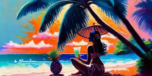A woman relaxes under a palm tree with a drink. A sky of orange and pink shines. Photo by AI using prompts from KatGirl.